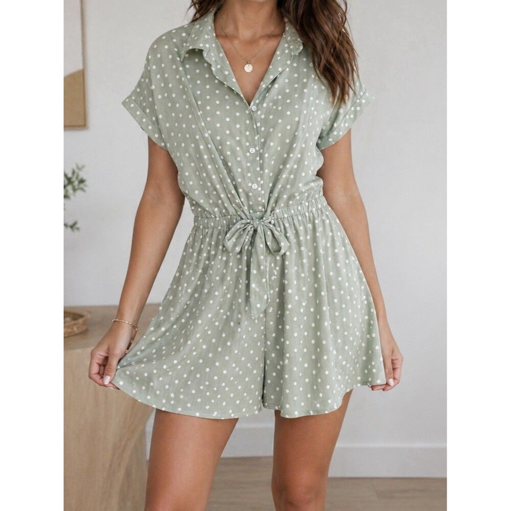 Womens Short Sleeve Green Polka-dot Tie Front Button Up Mini Shirt Dress Size S